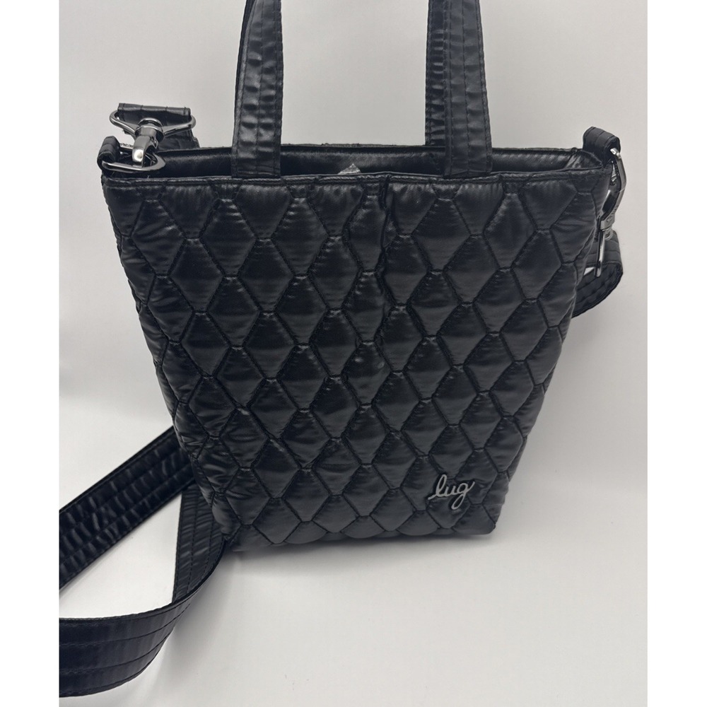 Lug Tip Toe Crossbdy Metallic Black Polyester Quilted Magnet Snap RFID Small Bag